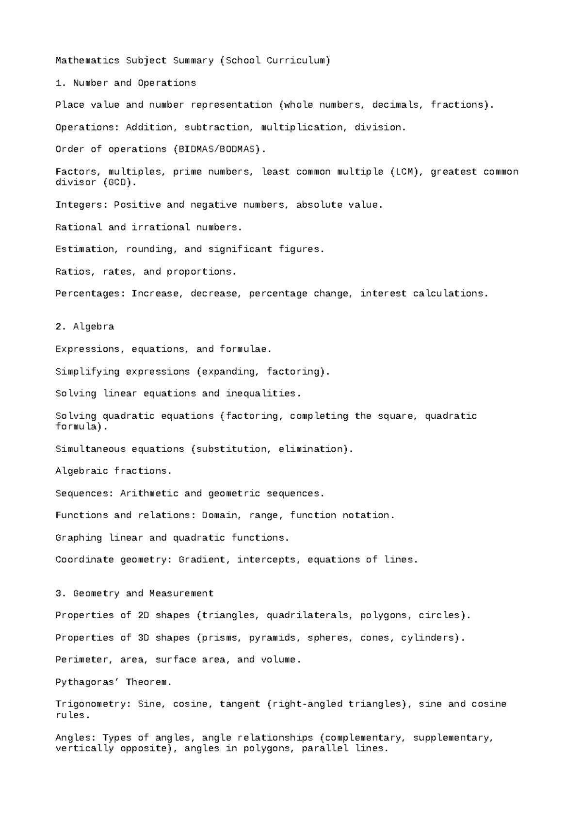 Mathematics Subject Summary: Key Concepts and Topics - Studocu