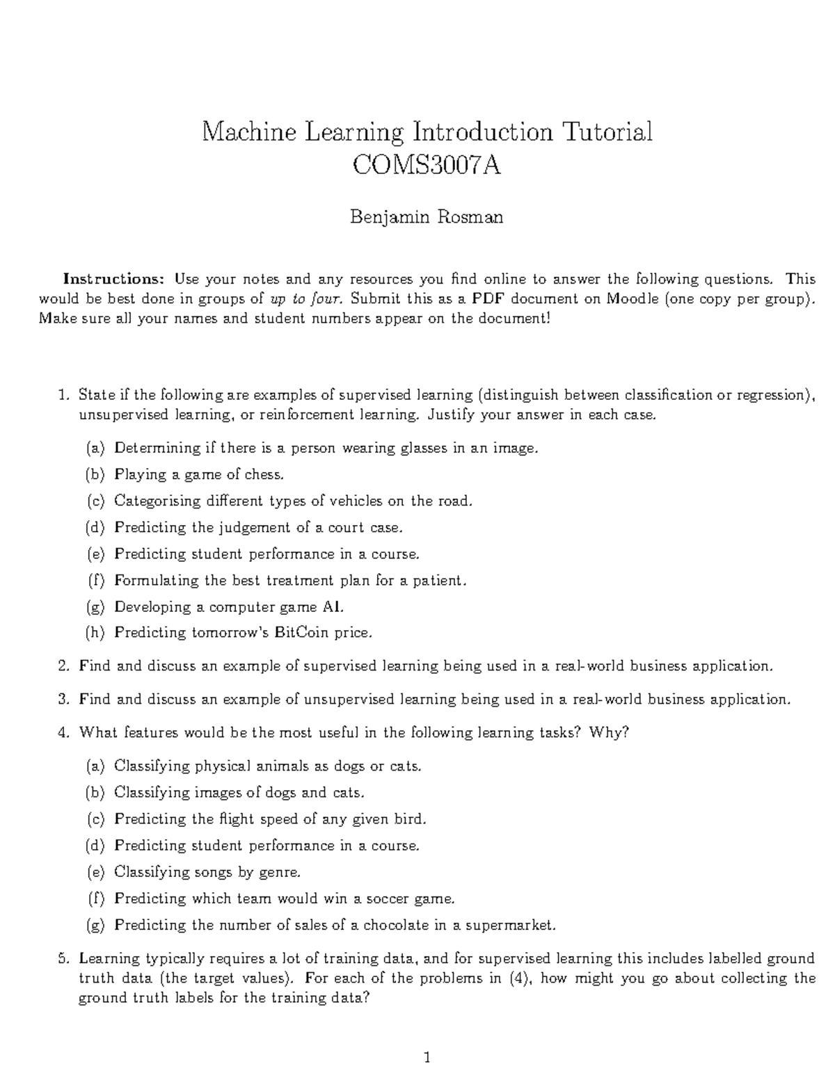 Machine Learning Intro Tutorial COMS3007A - Group Assignment Guide ...