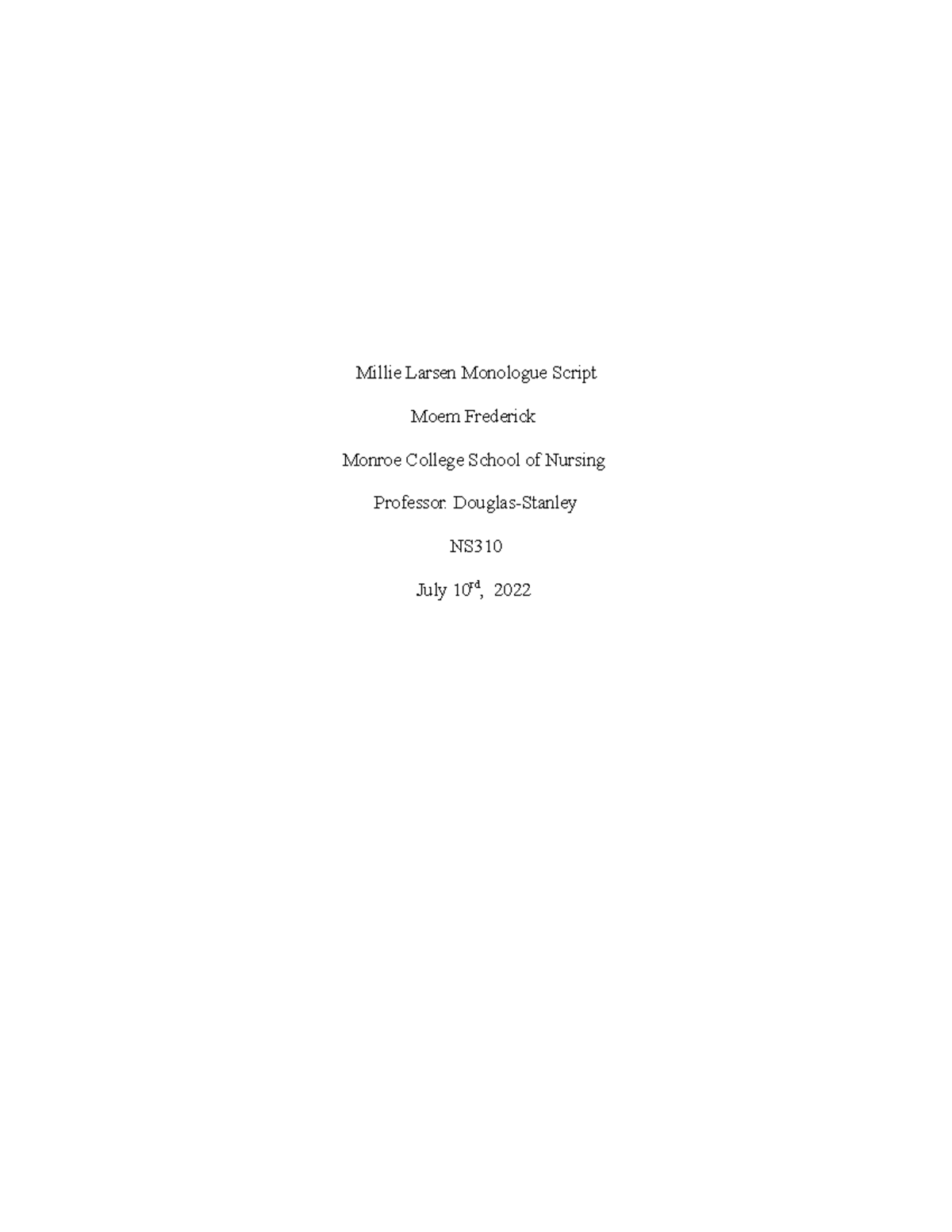 NS - Millie Larsen Monologue Script Analysis and Care Concerns - Studocu