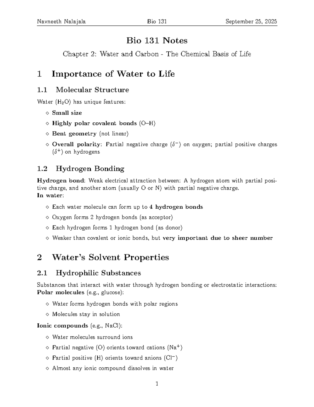 Bio 131 Final Exam Notes: Chapter 2 - Water & Carbon - Studocu