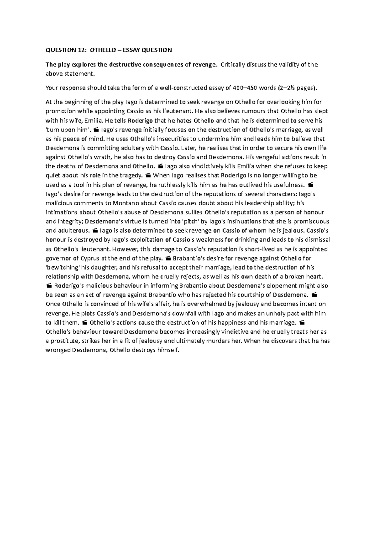 Othello Essay Questions - Revenge and Tragic Hero Analysis - Studocu