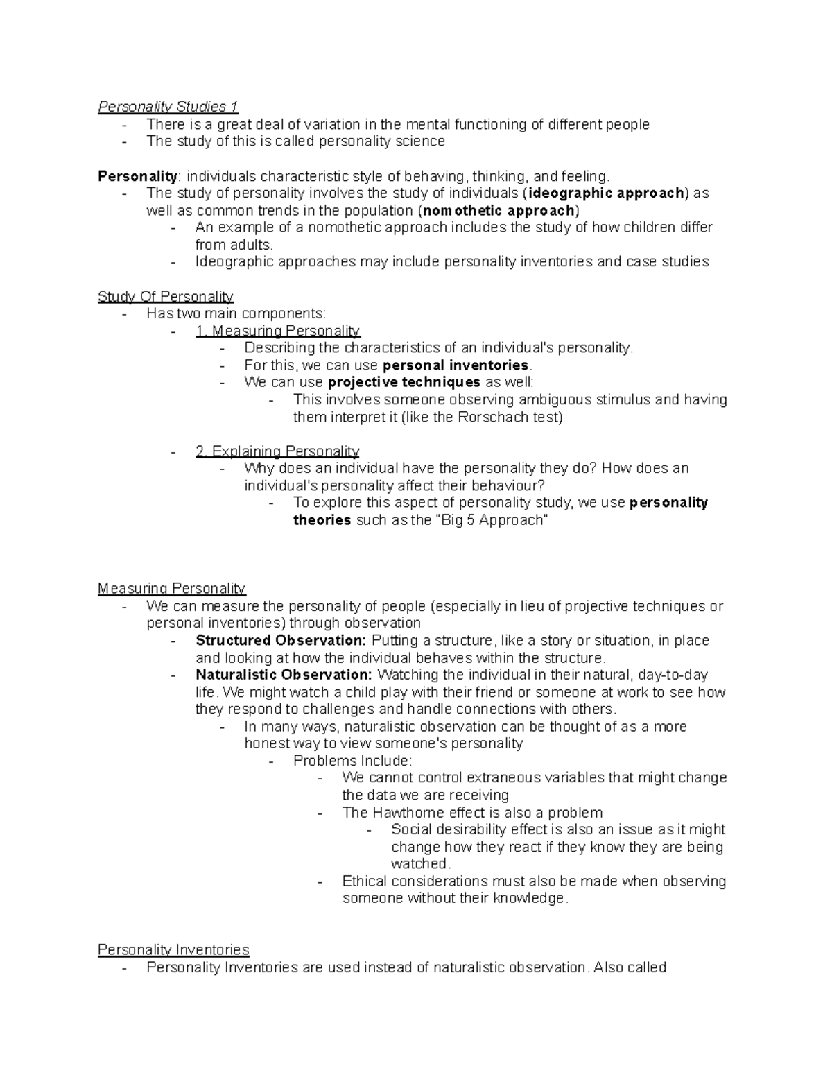 Personality Studies 1: Lecture Notes on Measurement & Theories - Studocu