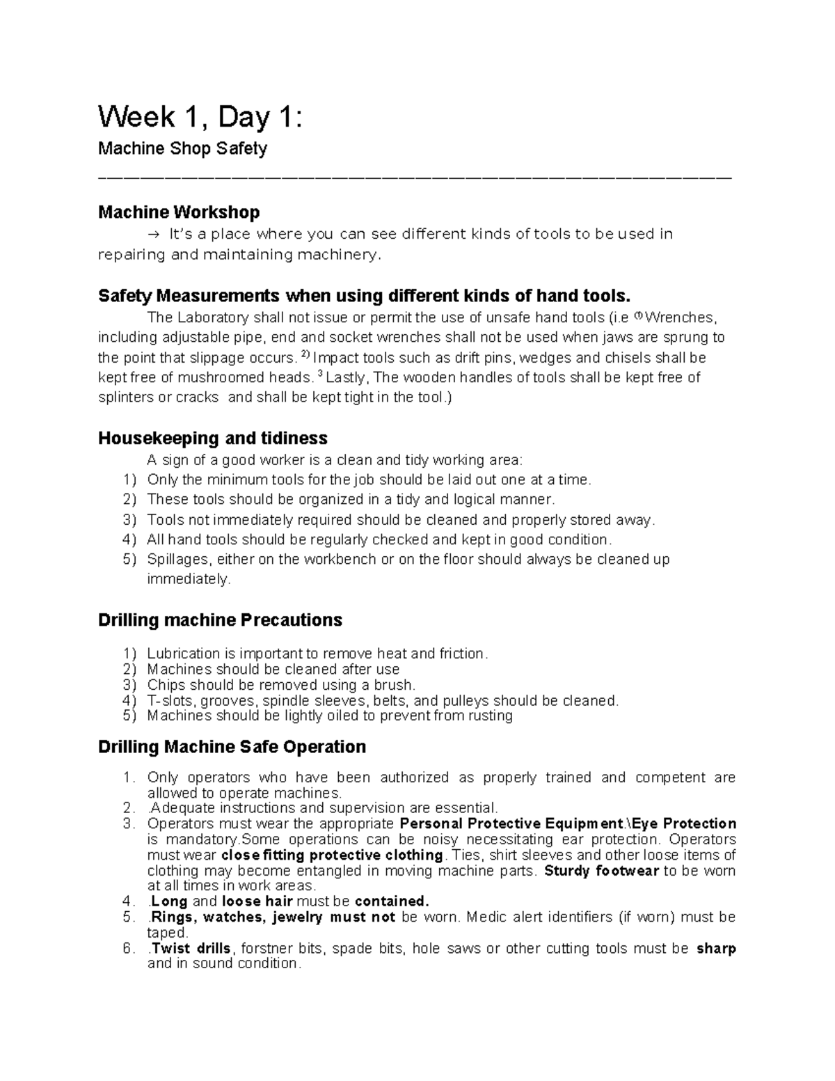 Machine Shop Safety Guidelines - Intro to Hand Tool Use and Care - Studocu