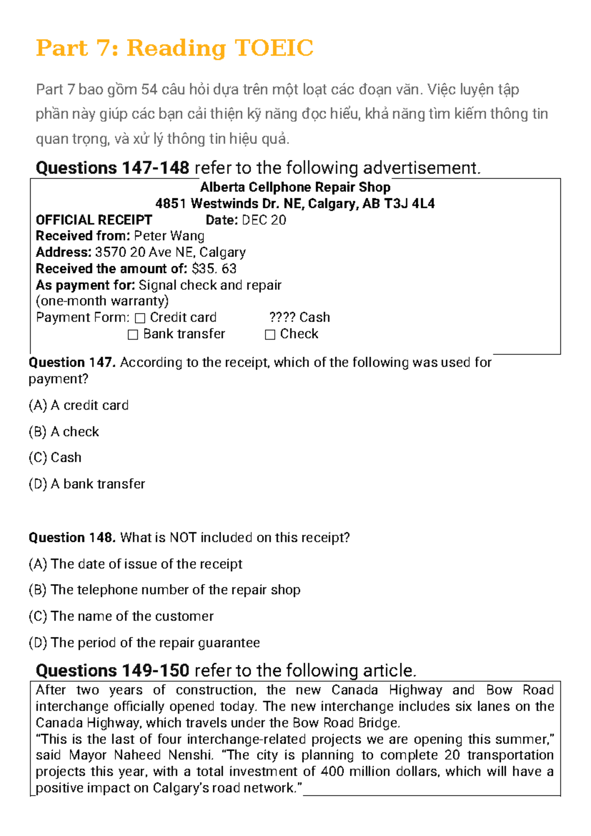 Part 7: TOEIC Reading Practice - 54 Questions for Comprehension - Studocu