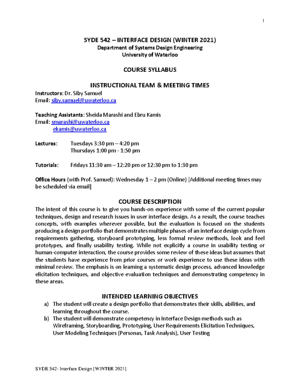 SYDE542 Winter 2021 Interface Design Course Syllabus - Studocu