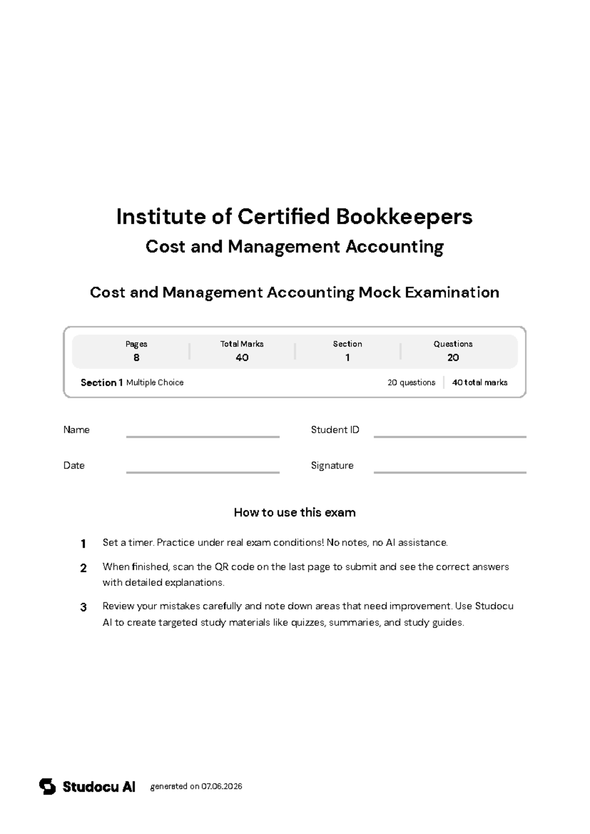 Cost and Management Accounting Mock Exam - Studocu