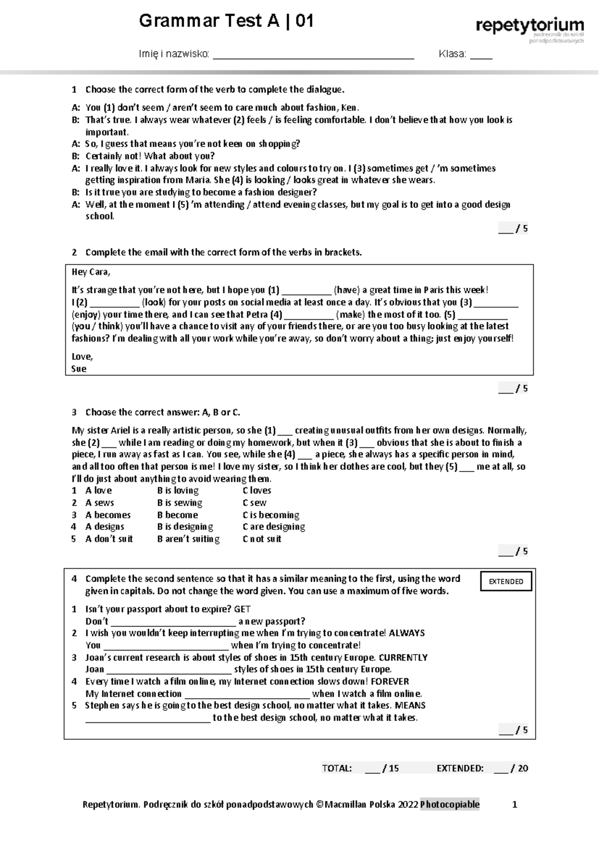 Grammar Test 1A - Verb Forms and Sentence Completion - Studocu