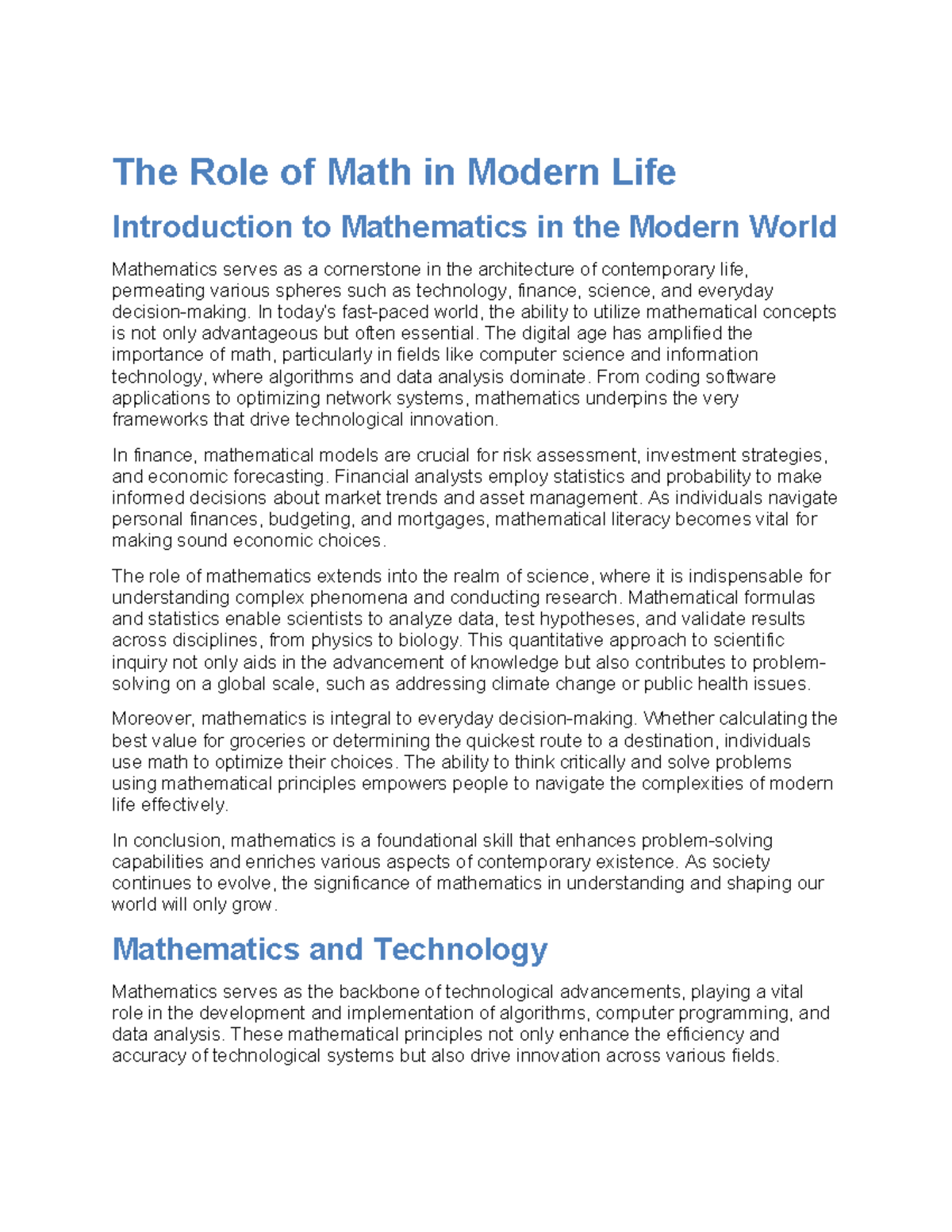 The Role of Math in Modern Life - The Role of Math in Modern Life ...