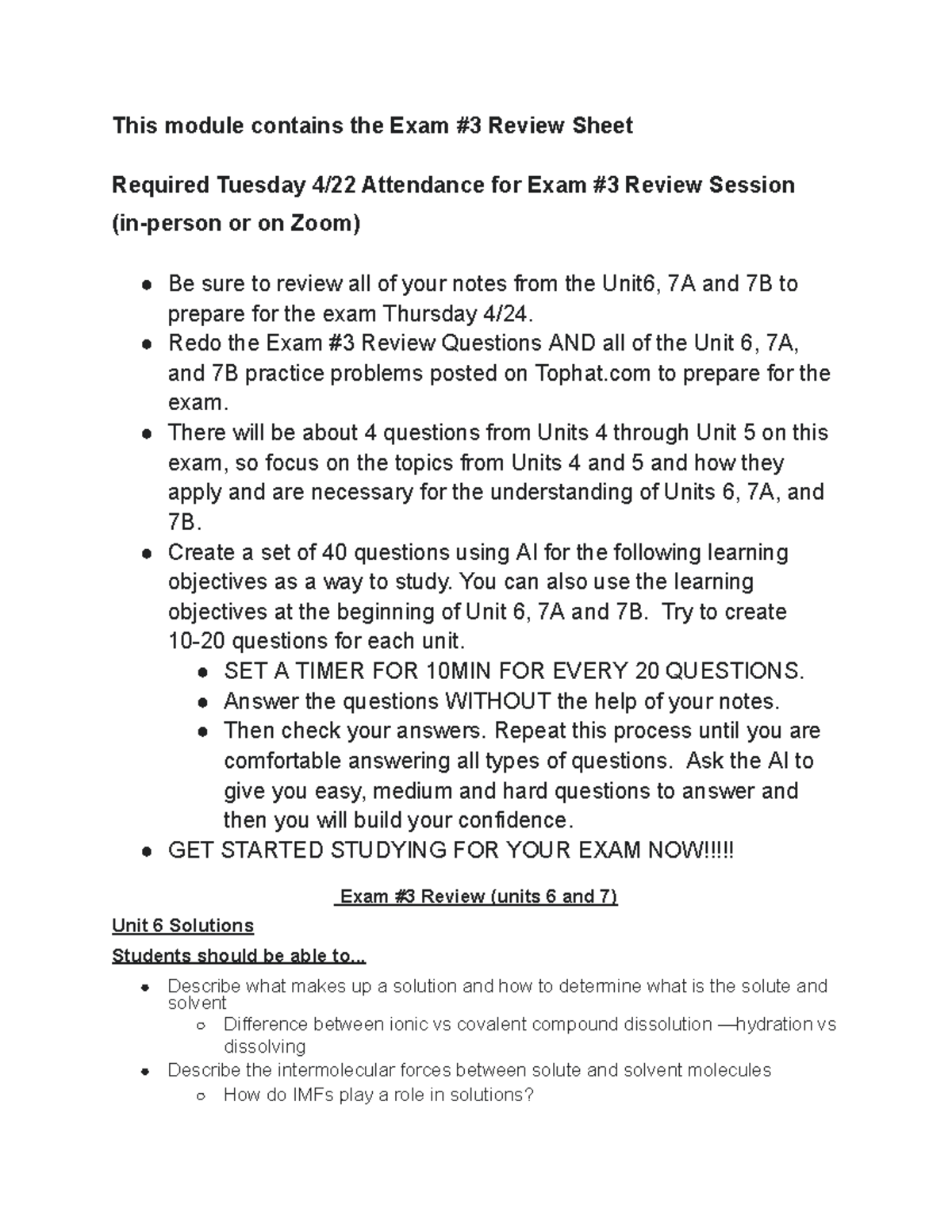 Exam #3 review sheet for units 6, 7A, and 7B preparation - Studocu