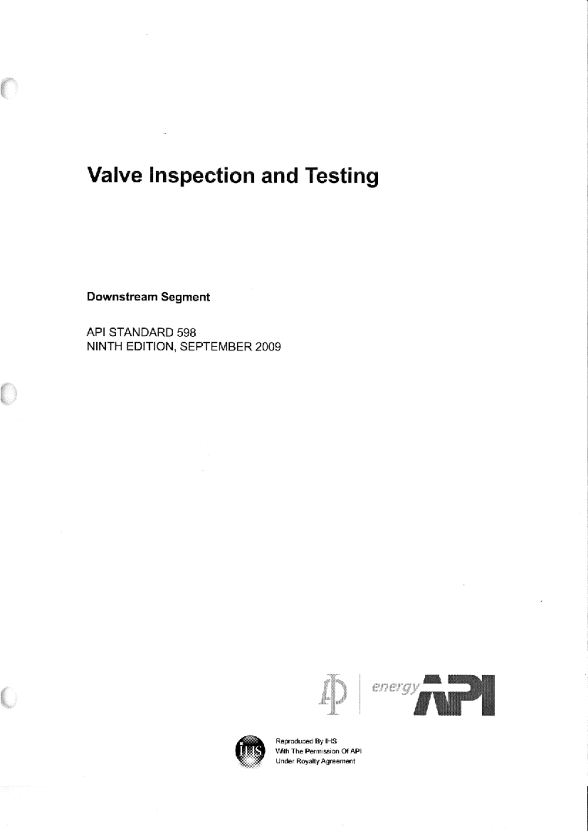 API 598: Valve Inspection and Testing Guidelines (9th Edition, 2009 ...