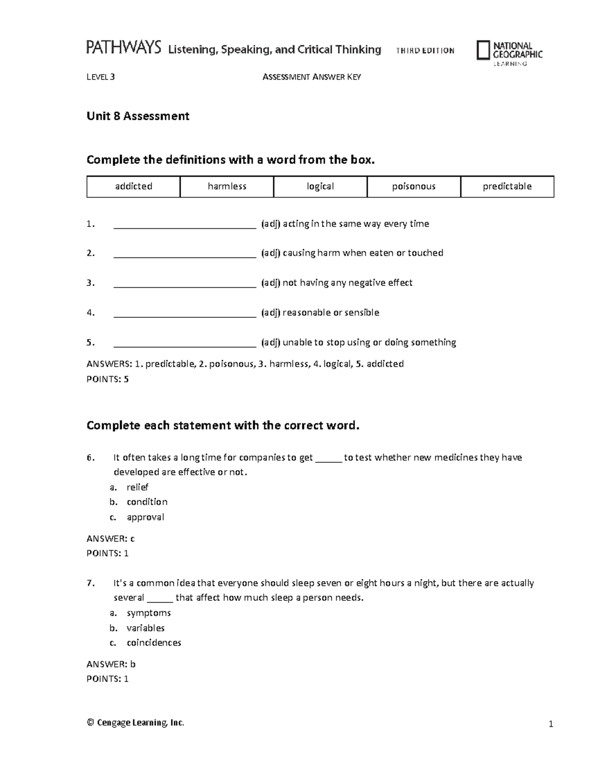 Pathways LS 3e L3 Assessment Answer Key: Unit 8 Review - Studocu