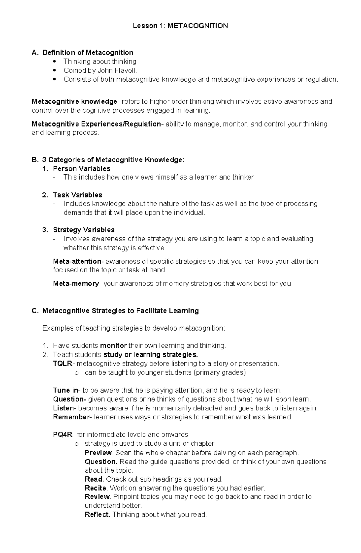 Lesson 1: Understanding Metacognition and Its Strategies - Studocu