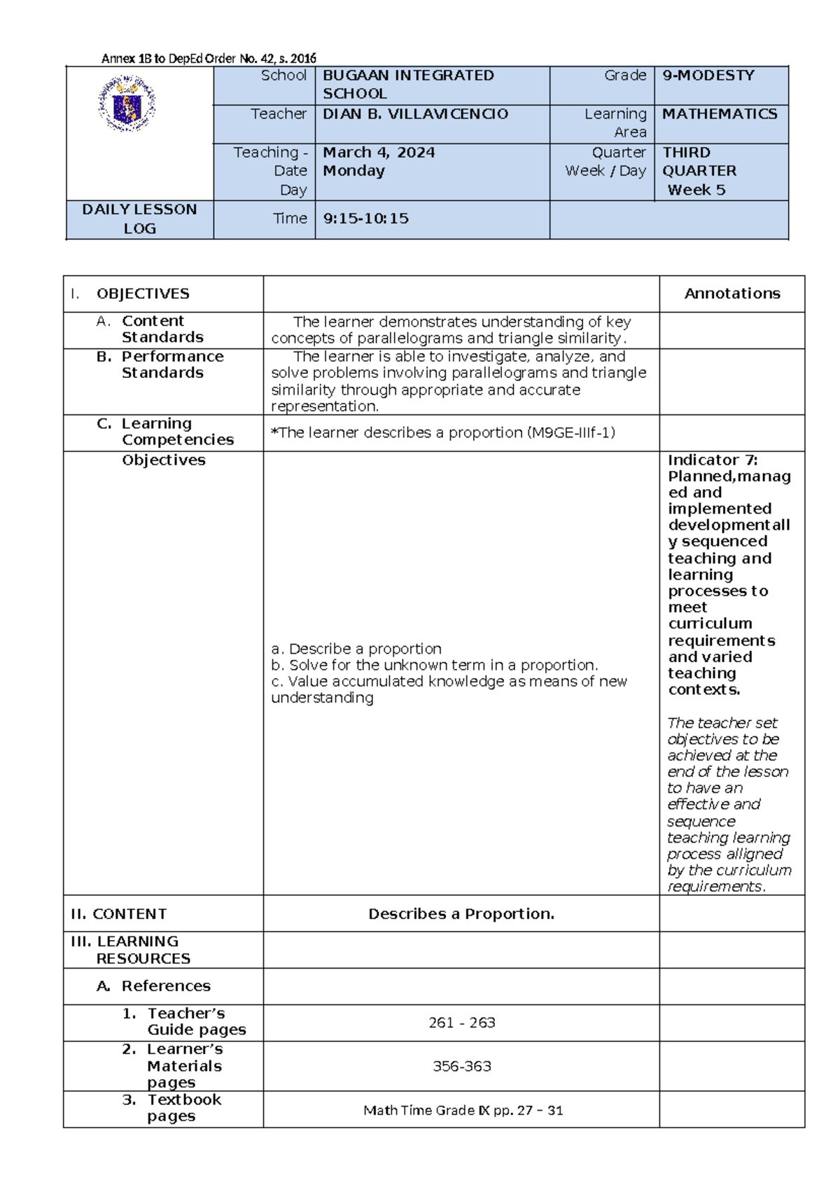 COT-3-DAILY LESSON LOG: G9 Math - Proportion & Similarity (Q3 W5) - Studocu