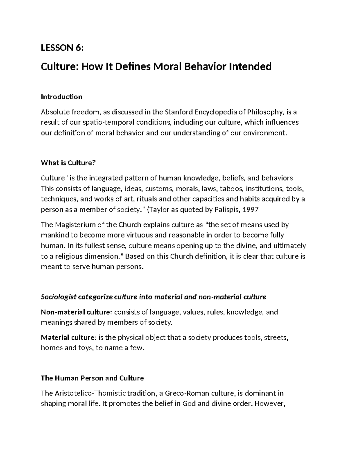 Lesson 6: Culture's Influence on Moral Behavior and Values - Studocu