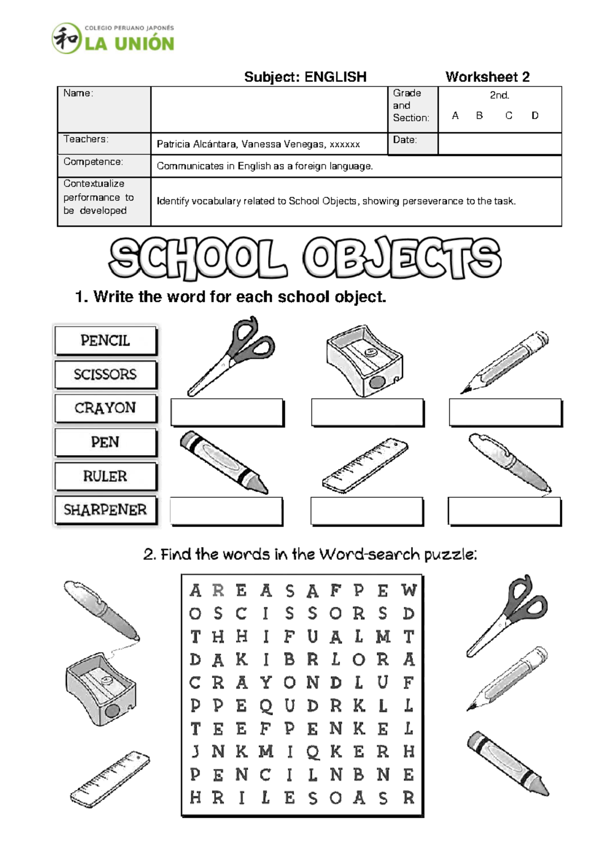 School Objects Worksheet 2 - eENGLISH CLASS INTERMEDIATE - Subject ...