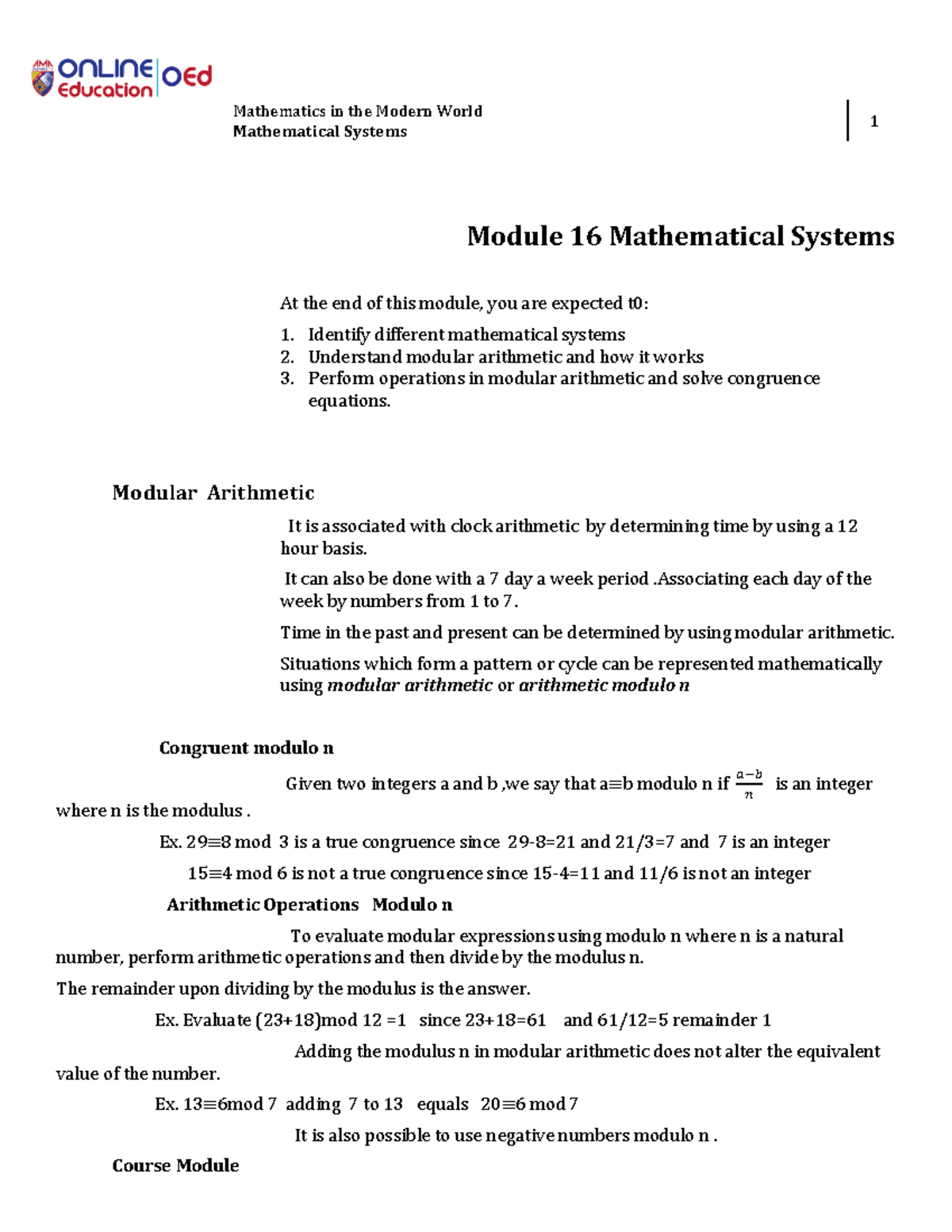 Module 16 Mathematical Systems Notes lecture - Mathematics in the ...