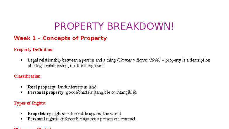 PROPERTY BREAKDOWN: Week 1-12 Concepts in Property Law - Studocu