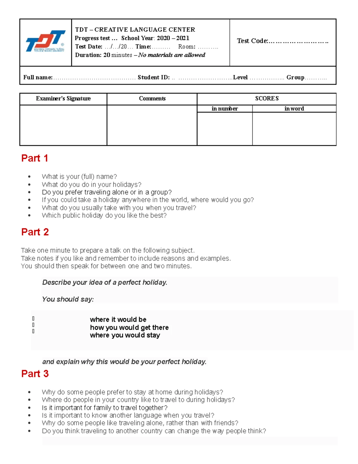Sample Speaking Test 2 - TDT CREATIVE LANGUAGE CENTER - Studocu