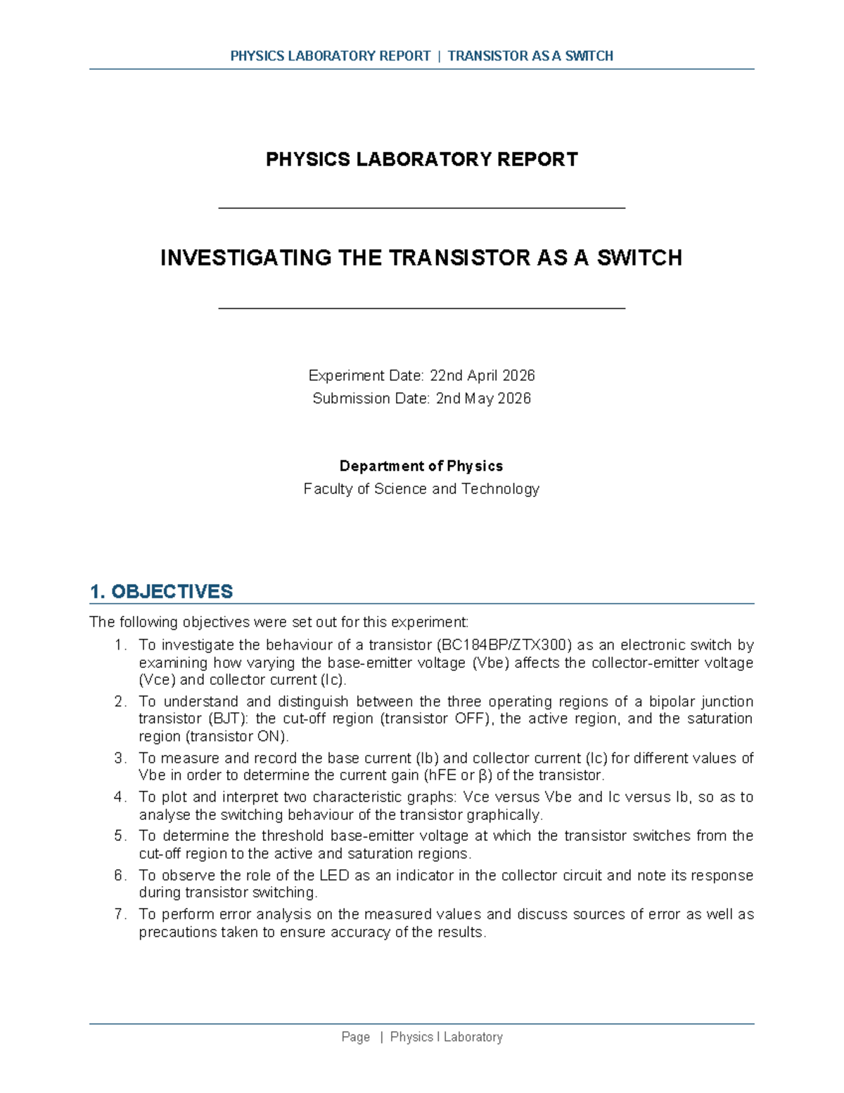 PHYSICS I LAB REPORT: TRANSISTOR AS A SWITCH EXPERIMENT - Studocu