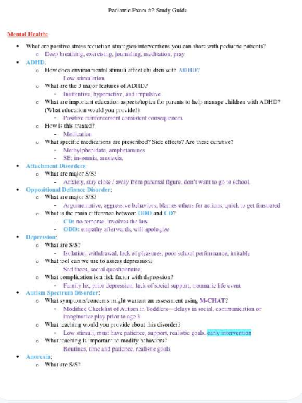 PEDS 2 Exam Study Guide: Mental Health & Pediatric Disorders - Studocu