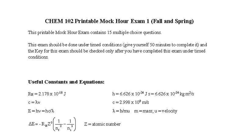 CHEM 102 Mock Hour Exam 1 (Fall & Spring) - Printable Version - Studocu