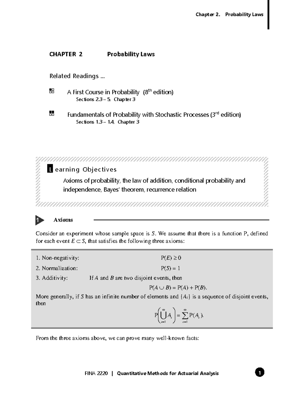 Chapter 2 Probability Laws - Section 1. Axioms 1 CHAPTER 2 Probability ...