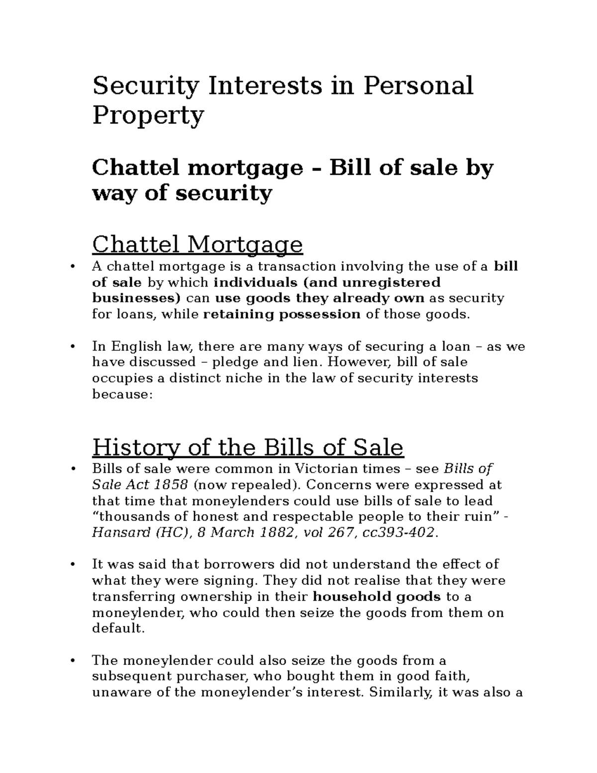 Chattel mortgage – Bill of sale by way of security - Security Interests ...