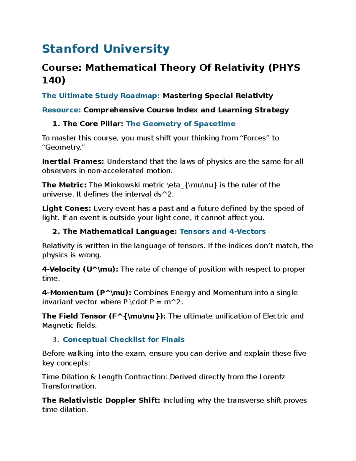 PHYS 140 Stanford: Ultimate Study Roadmap for Relativity Mastery - Studocu
