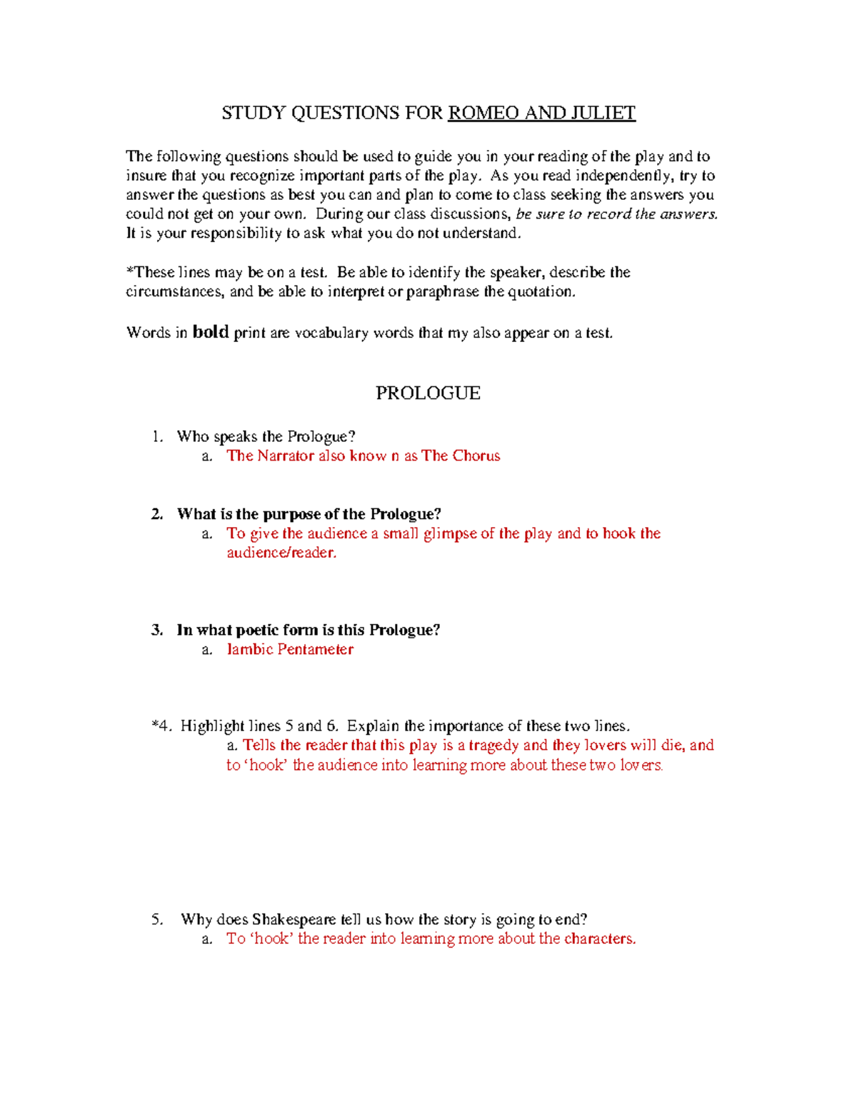 Romeo and Juliet Study Q&A Guide for ELA 101 - Studocu
