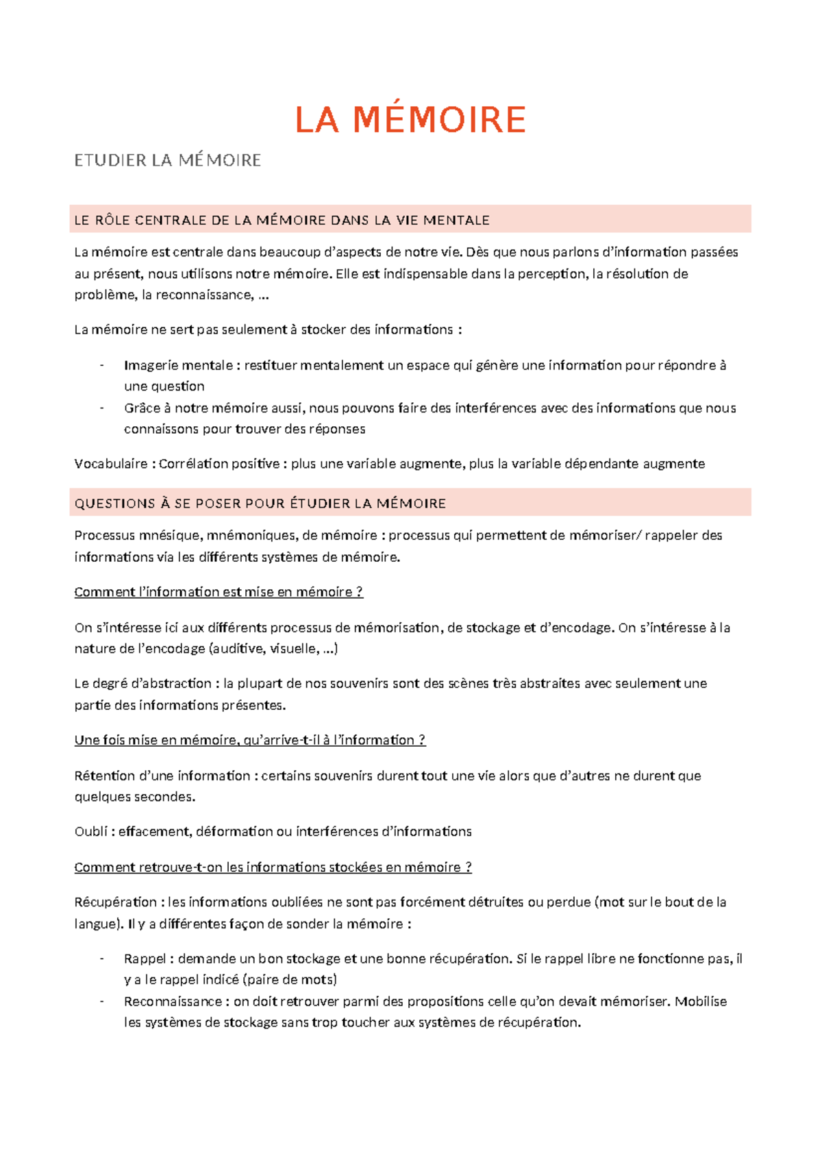 La mémoire - LA MÉMOIRE ETUDIER LA MÉMOIRE LE RÔLE CENTRALE DE LA ...