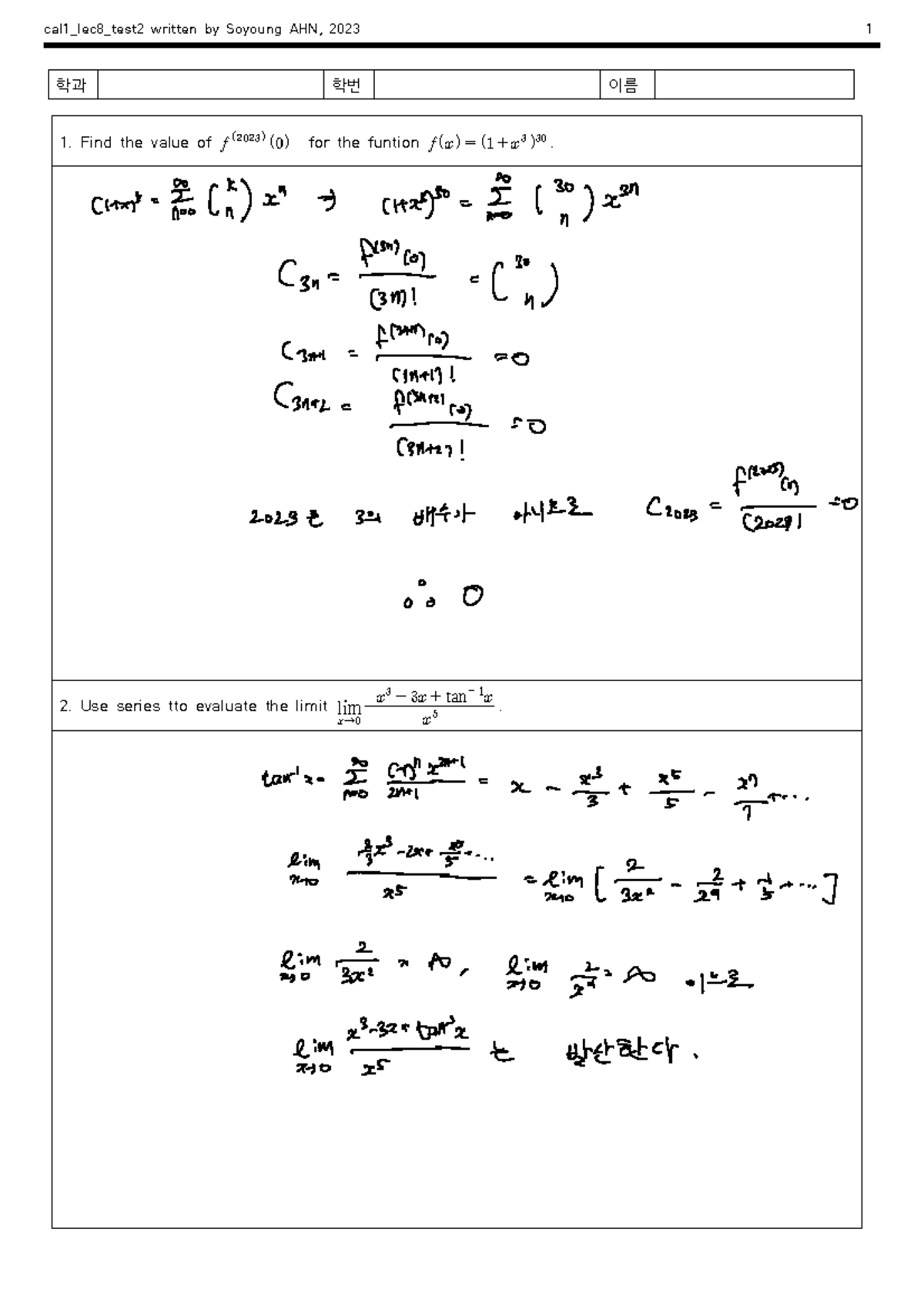 Cal1 Lec8 Test2 Solutions - Final Exam Practice 20231883 - Studocu