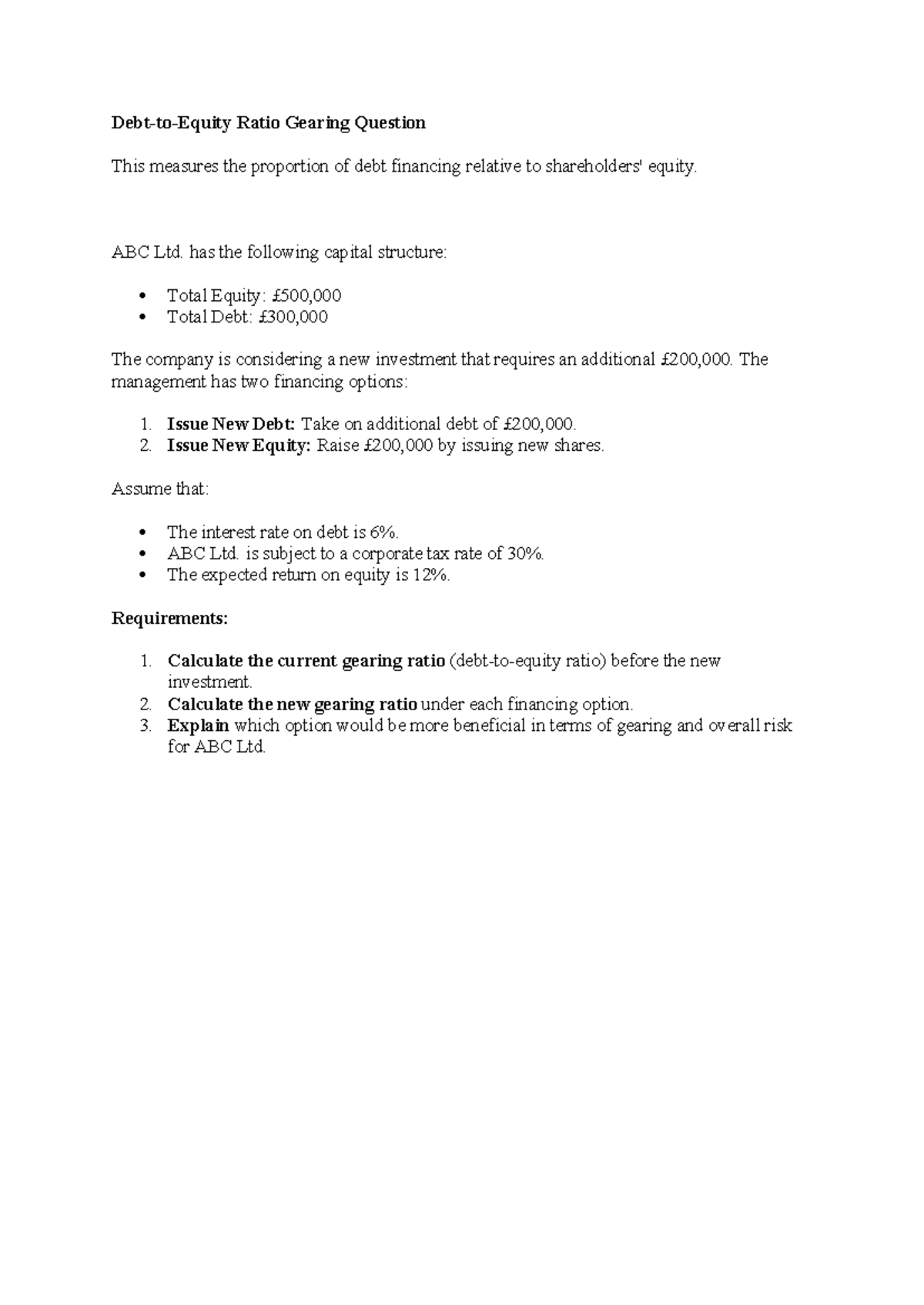 Week 6 Debt-to-Equity Ratio Gearing Analysis for ABC Ltd. - Studocu