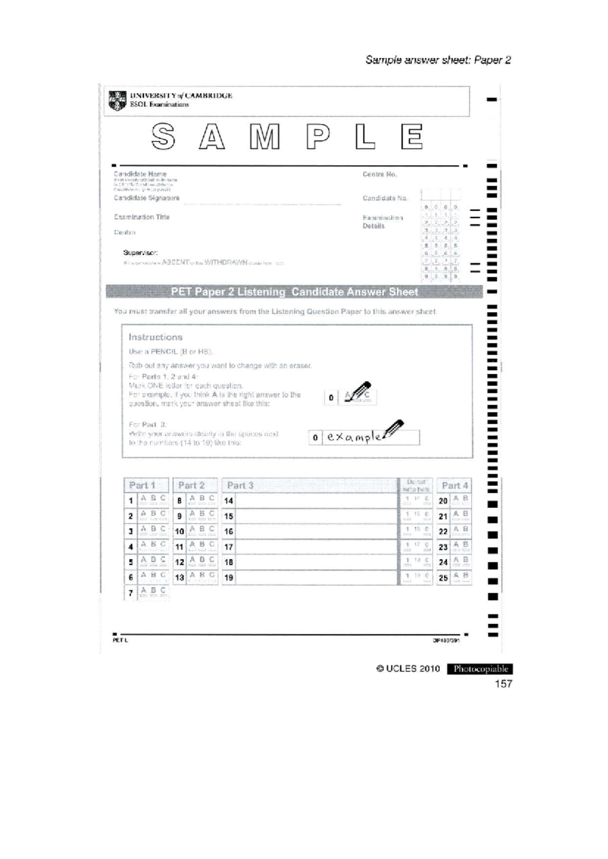 Answer sheet PET - GRACIAAS - Sample answer sheet: Paper 2 UNIVERSITY ...