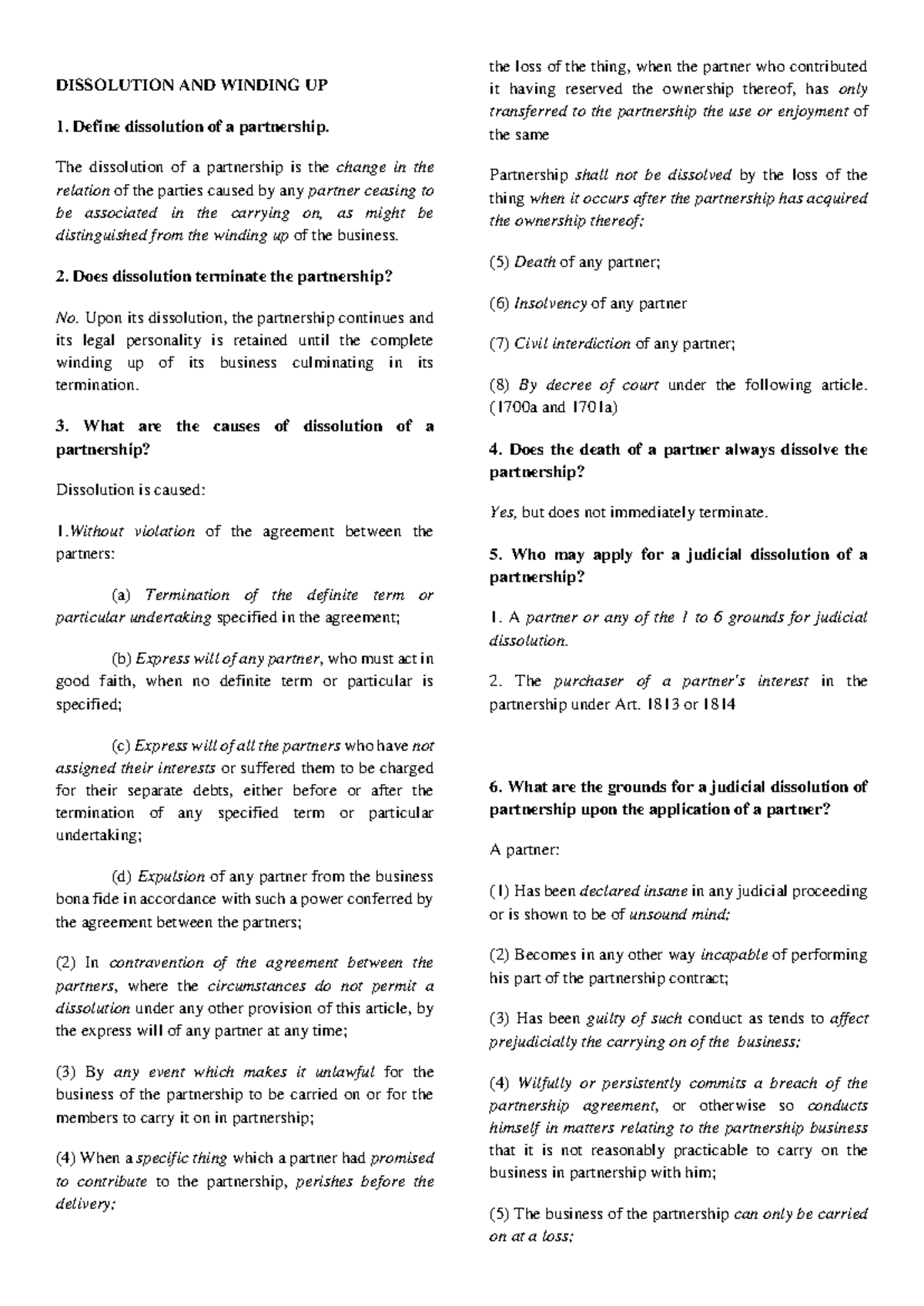 Chapter 3: Dissolution and Winding Up - Recit Questions (Law 101) - Studocu