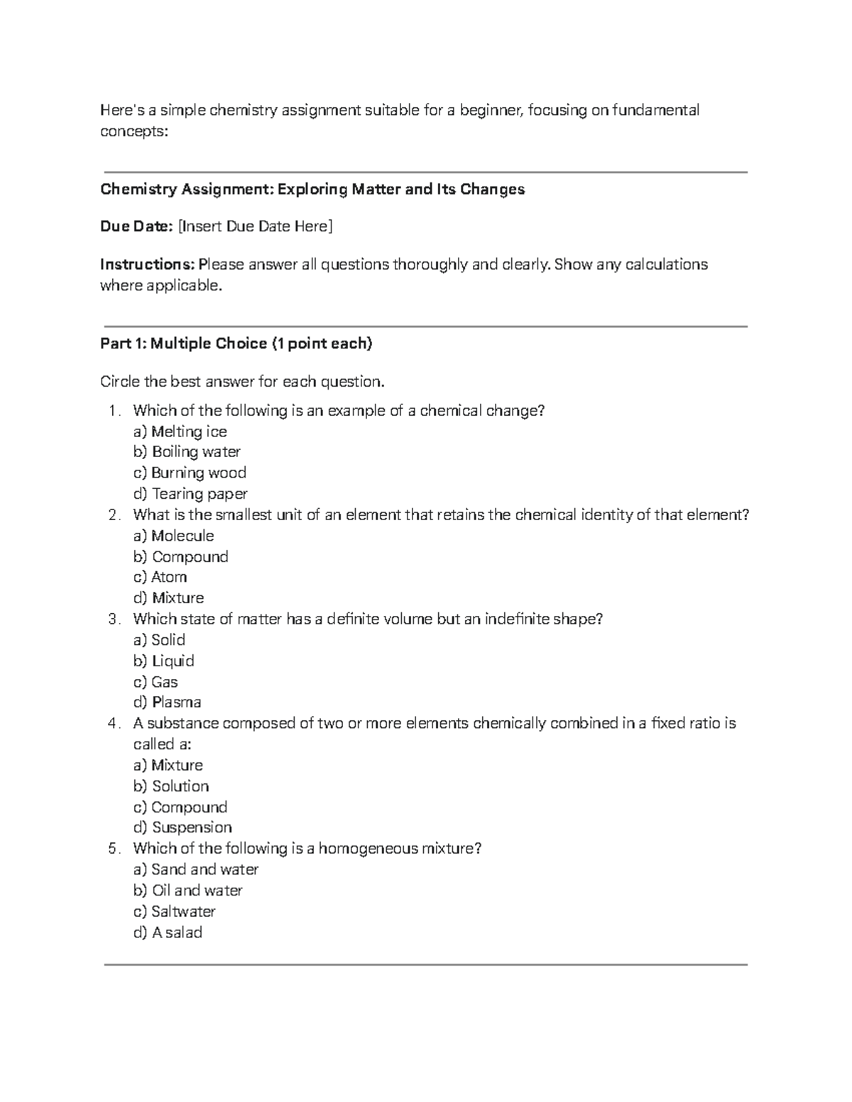 Chemistry 101 Assignment: Exploring Matter and Changes - Studocu