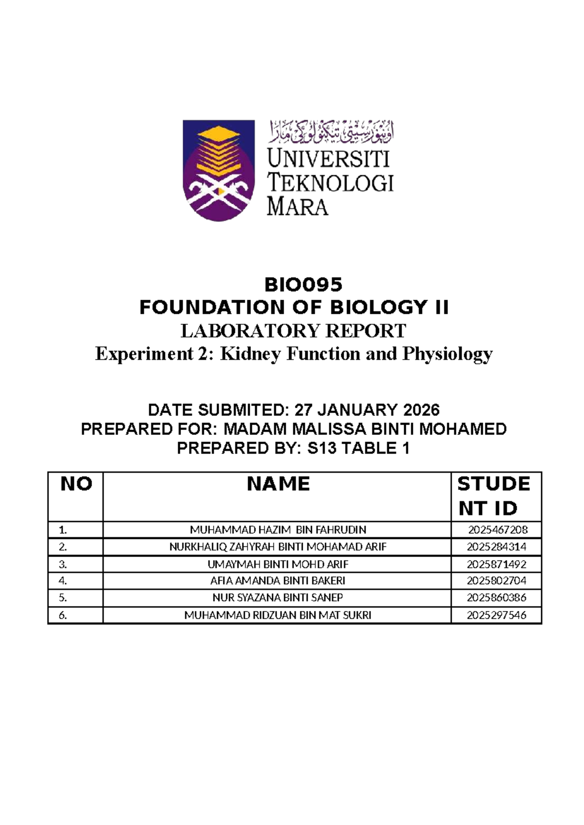 BIO095 Final Lab Report: Kidney Function & Physiology Experiment 2 ...