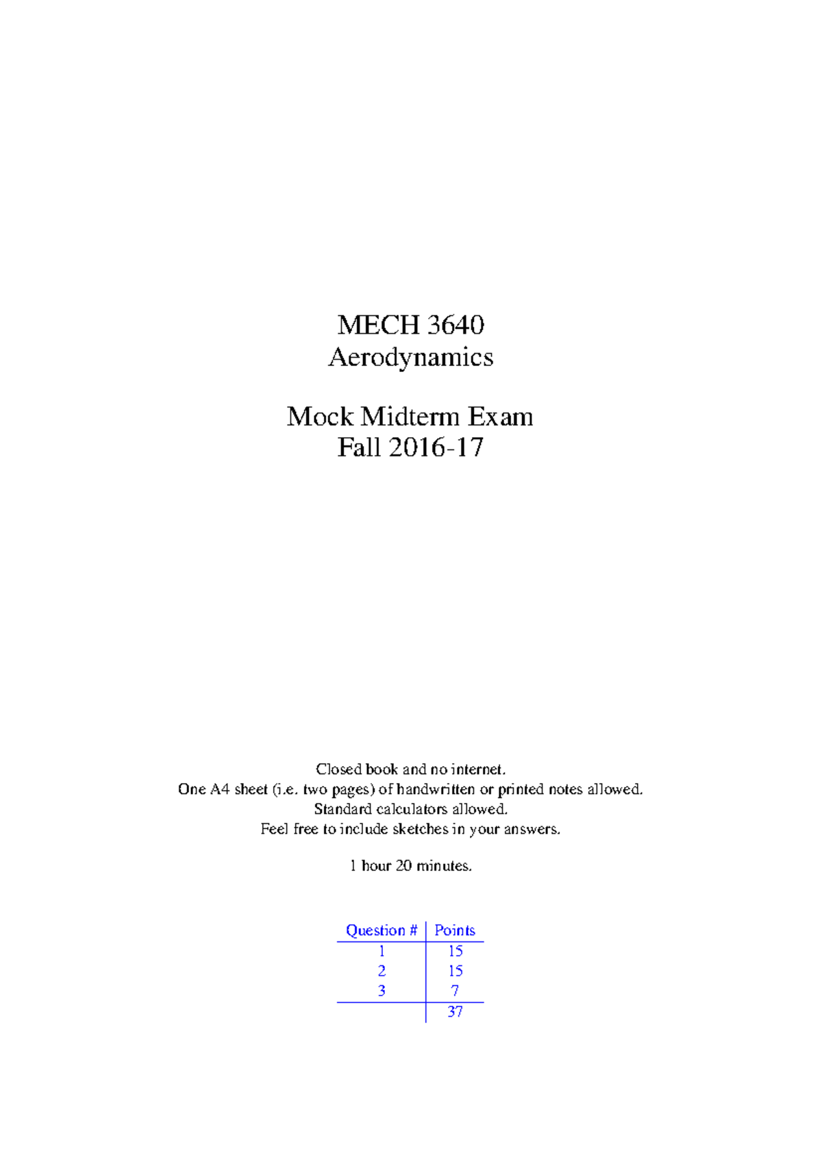 MECH 3640: Aerodynamics Mock Midterm Exam Review (Fall 2016) - Studocu