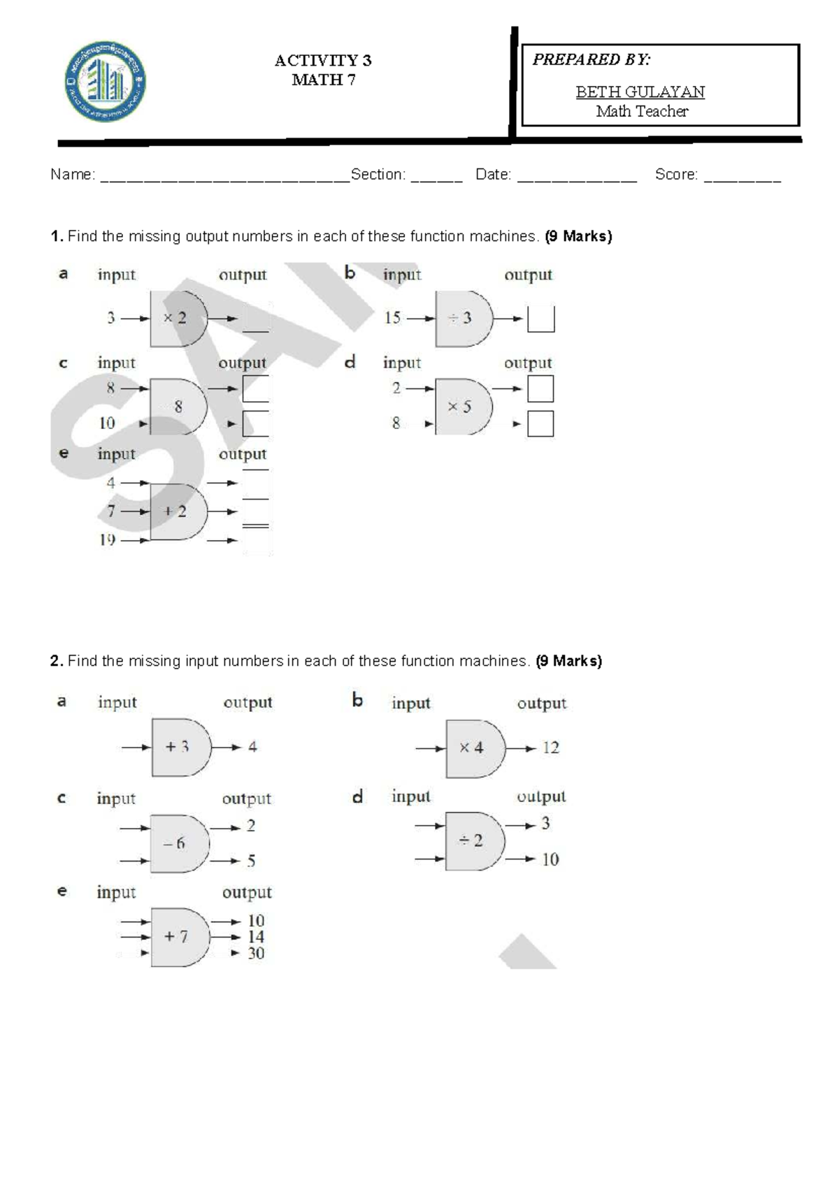 Activity 3: Function Machines - Math 7 Notes by Beth Gulayan - Studocu