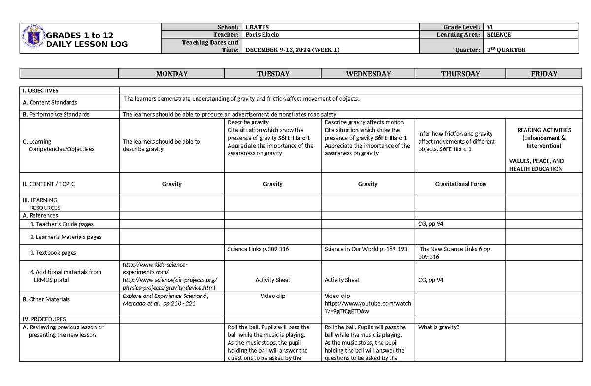 DLL Science 6 Q3 W1 - Gravity Daily Lesson Plan for Grade VI - Studocu