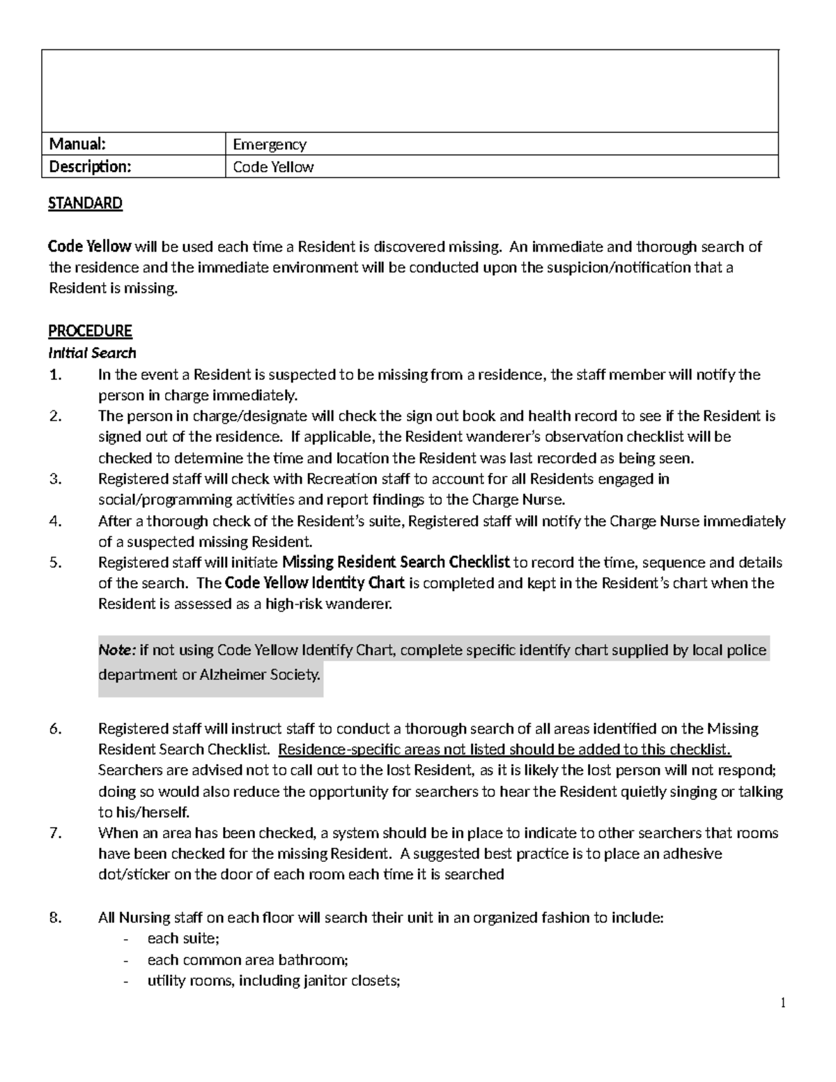 Code Yellow Procedure: Emergency Response for Missing Residents - Studocu