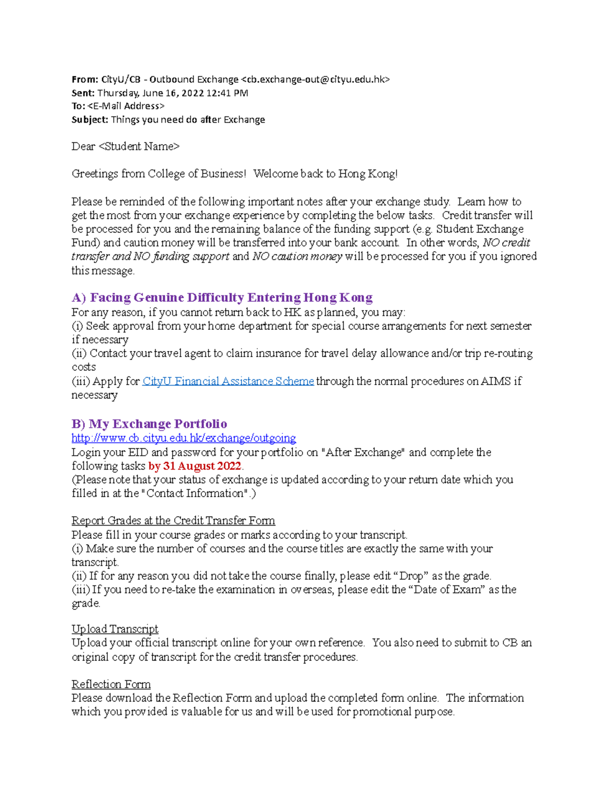Post-Exchange Steps for CityU/CB Students - E-mail Instructions - Studocu