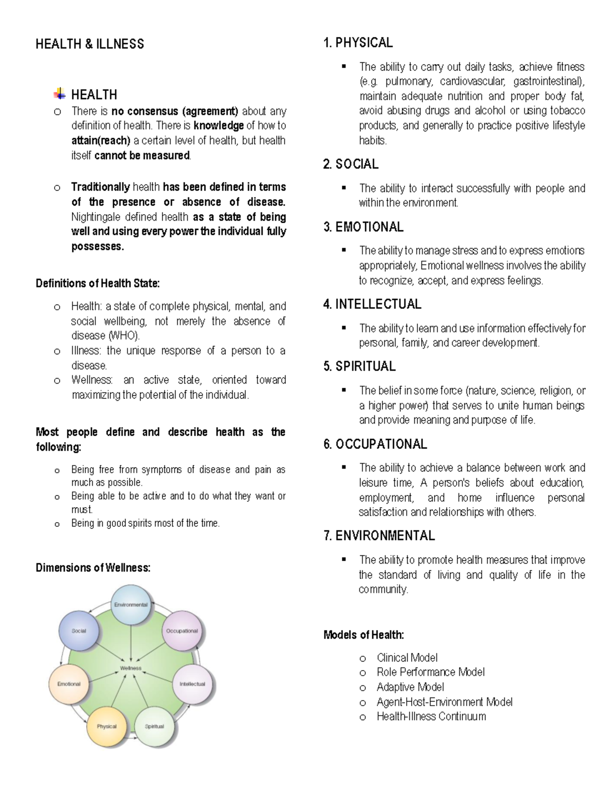 Health & Illness Overview: Definitions, Dimensions, and Models - Studocu