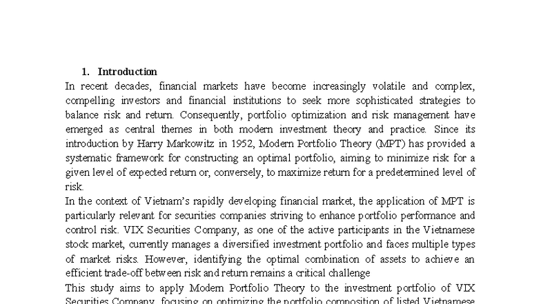 MPT Application in Portfolio Optimization for VIX Securities Co. (FIN ...