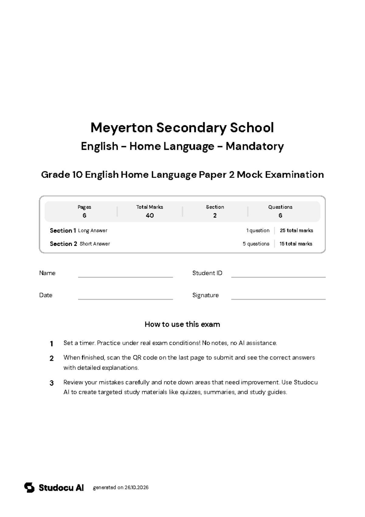 Grade 10 English HL Paper 2 Mock Exam - Studocu