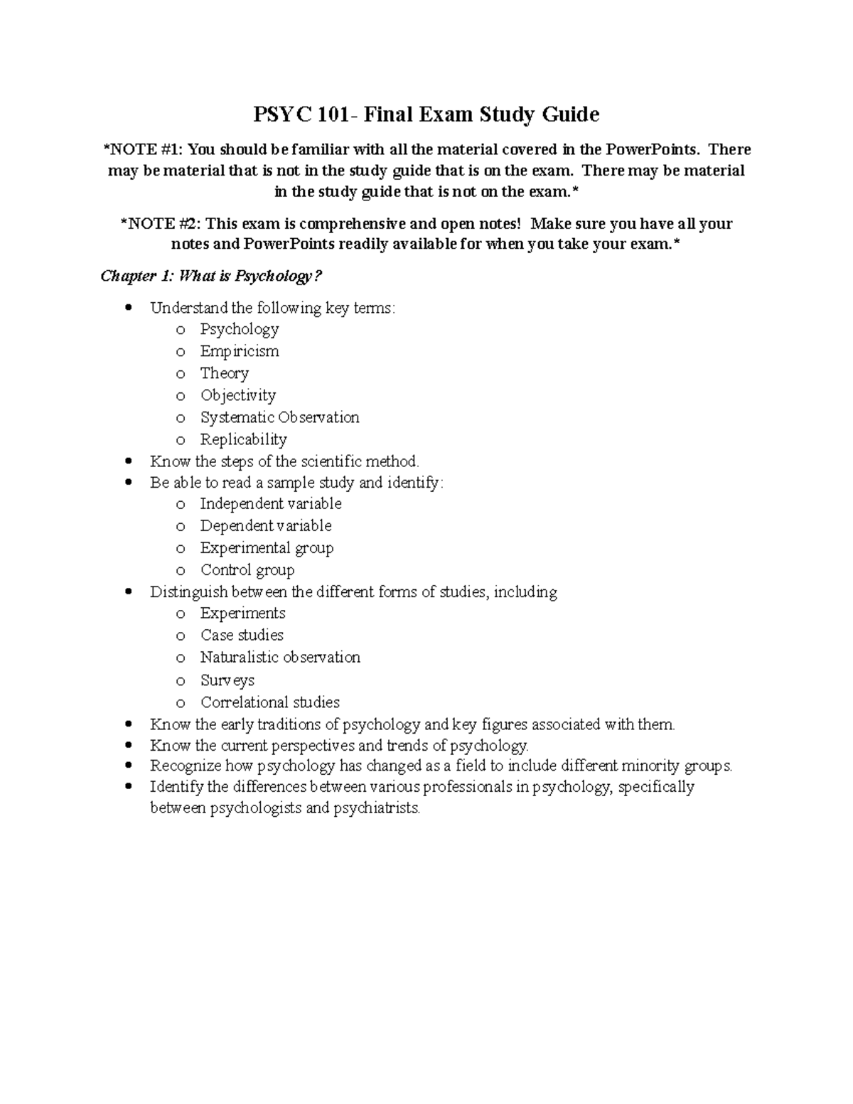 PSYC 101 - Comprehensive Final Exam Study Guide Checklist - Studocu
