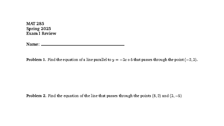MAT 285 Spring 2025 Exam I Review: Key Problems & Solutions - Studocu