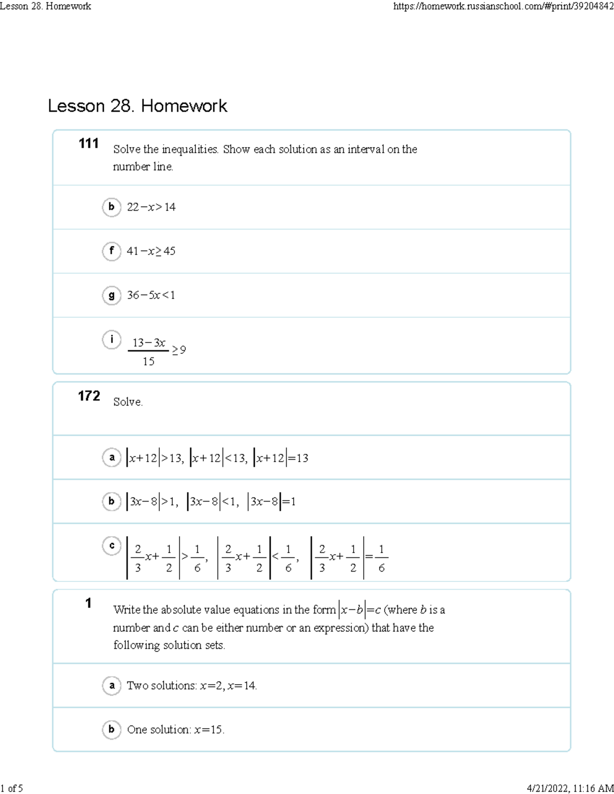 Lesson 28: Homework on Inequalities and Absolute Value - Studocu