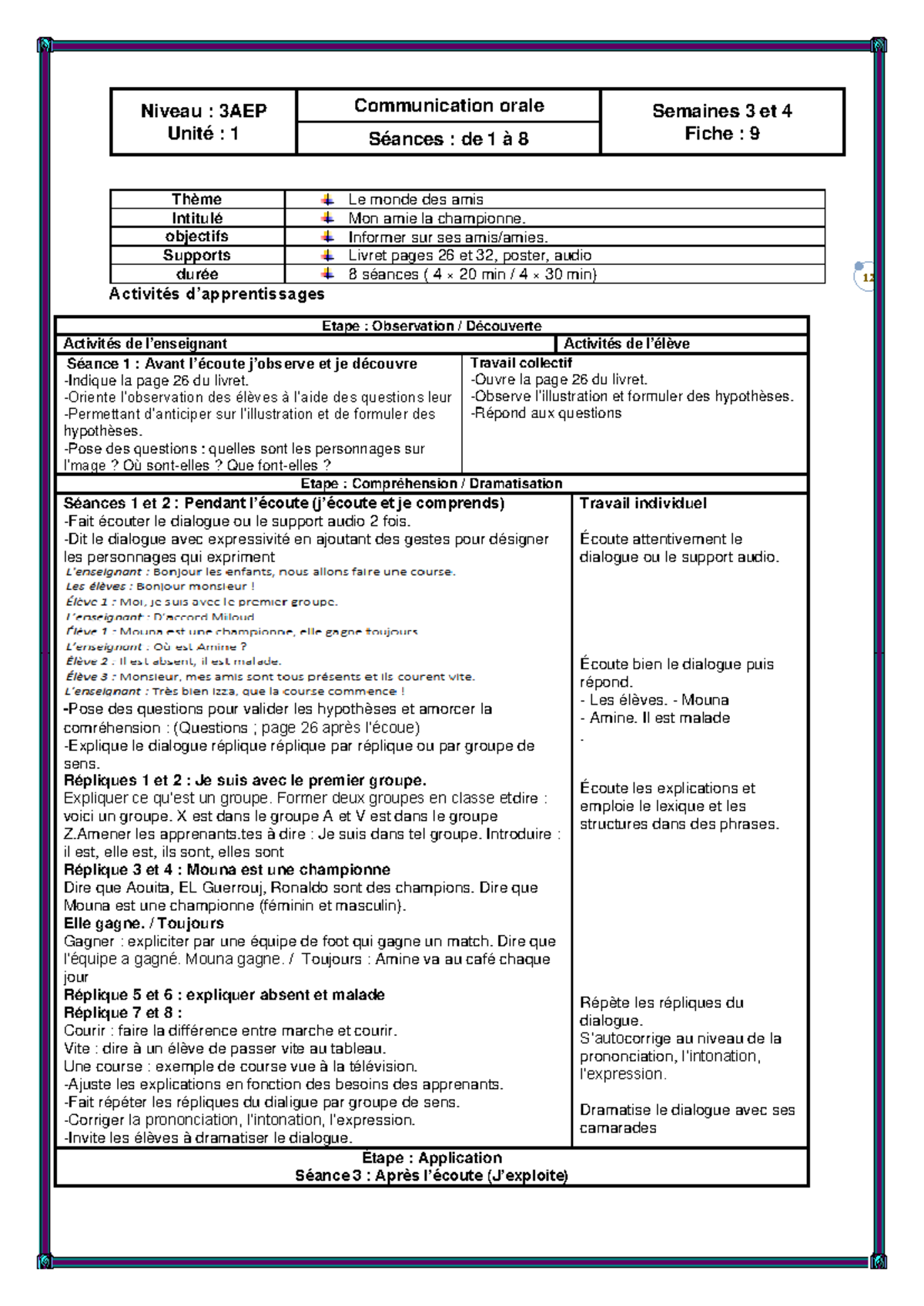 Fiches Mes apprentissages 3AP Sem1 2019 Aouni - 12 Niveau : 3AEP Unité ...