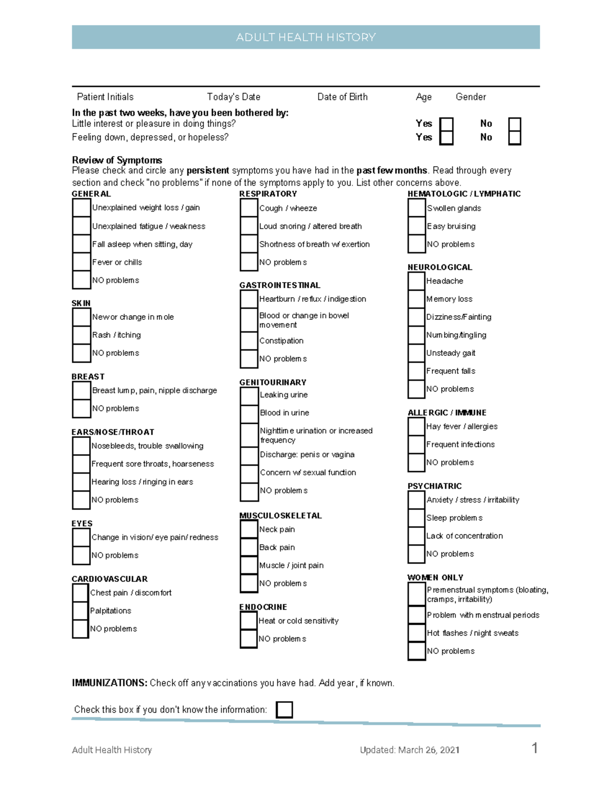 Adult Health History Questionnaire - Patient Assessment Form - Studocu