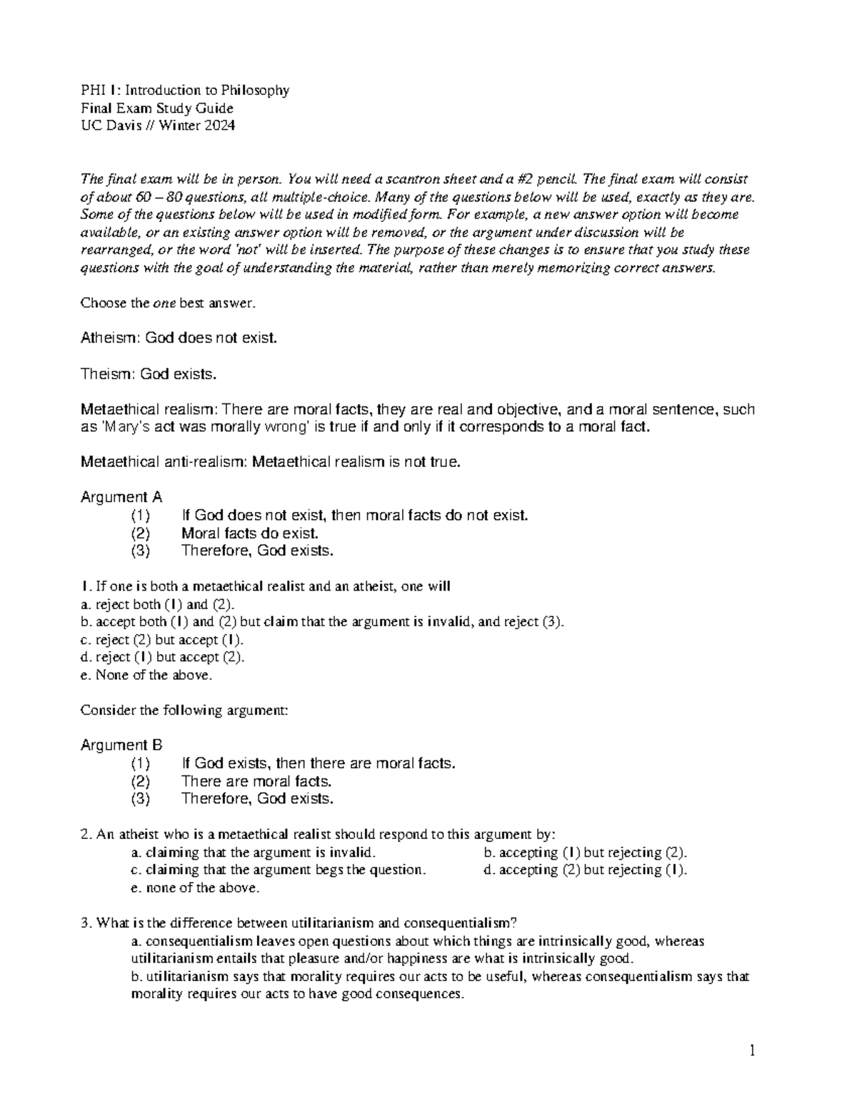 PHI 1 Final Exam Study Guide - UC Davis Winter 2024 - Studocu